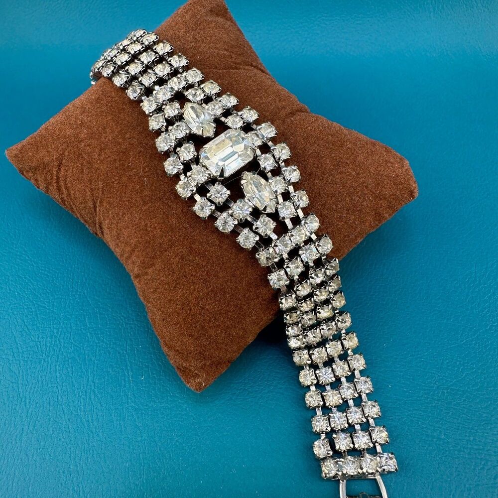 Vintage Rhinestone Bracelet Multi Strand Cup Chain Silver Tone Clear Prong Set